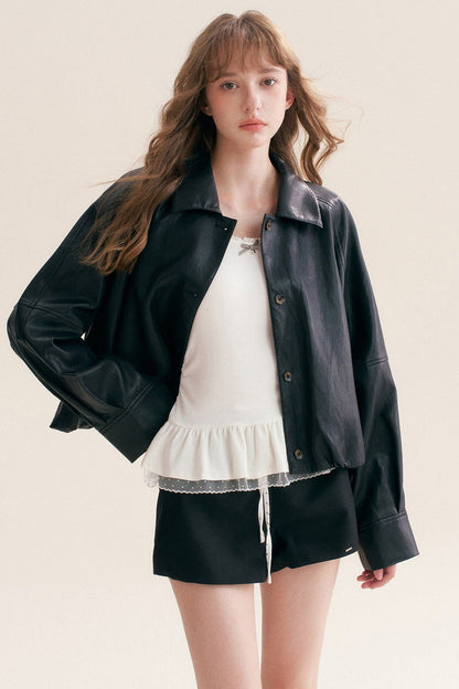 Pleated Drop Shoulder Pu Leather Jacket