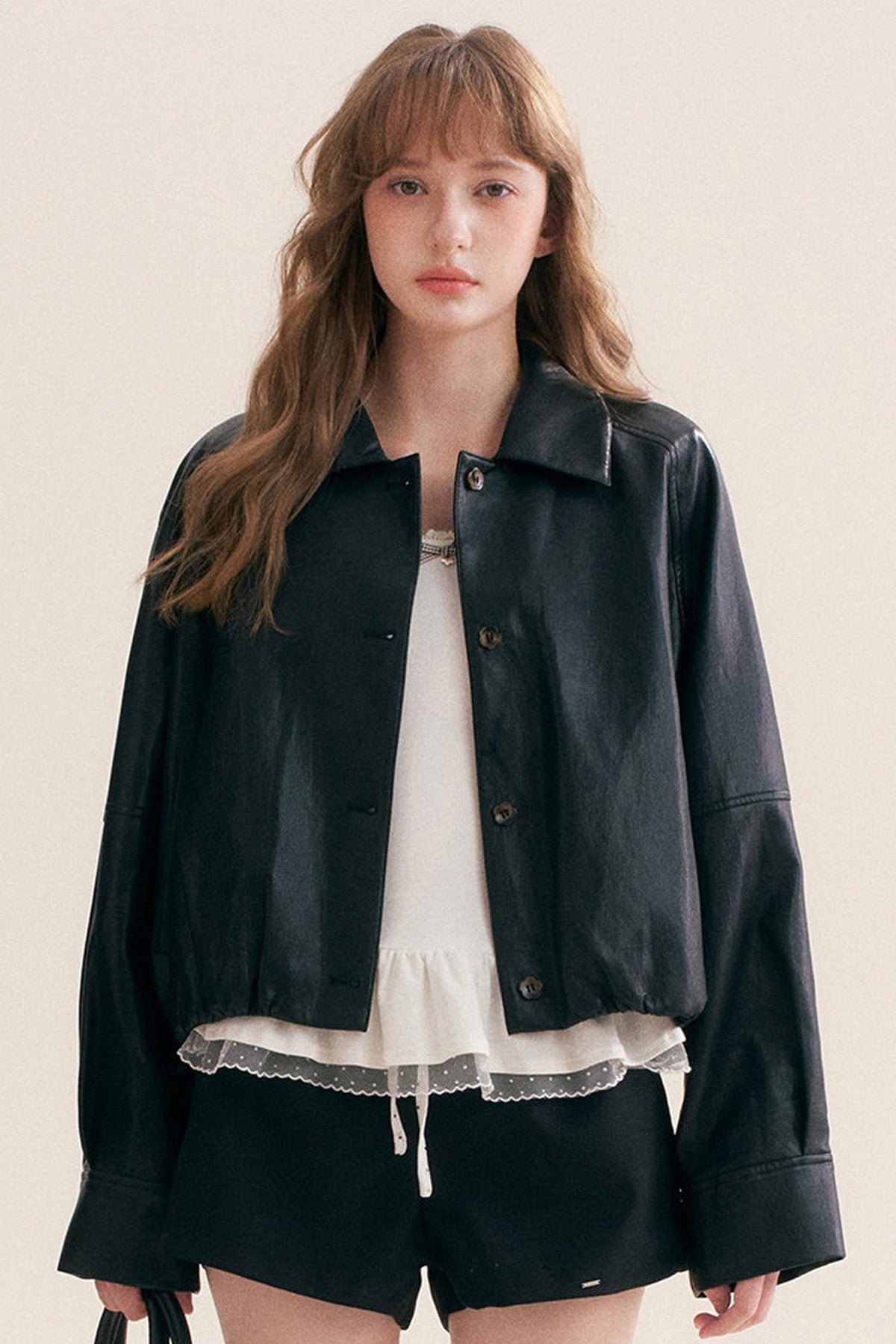 Pleated Drop Shoulder Pu Leather Jacket