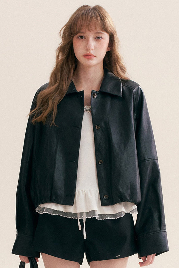 Pleated Drop Shoulder Pu Leather Jacket