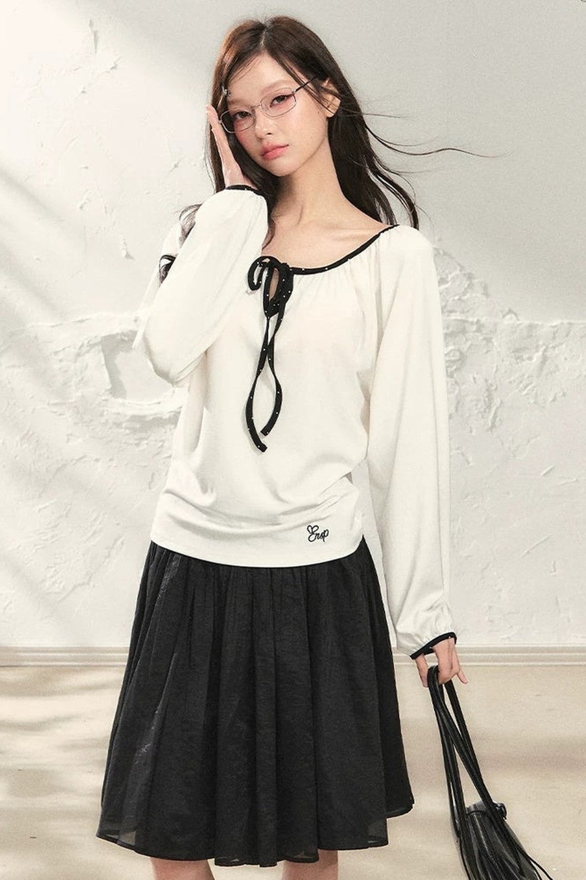 White Off-Shoulder Long Sleeve Top and Polka Skirt Set-Up