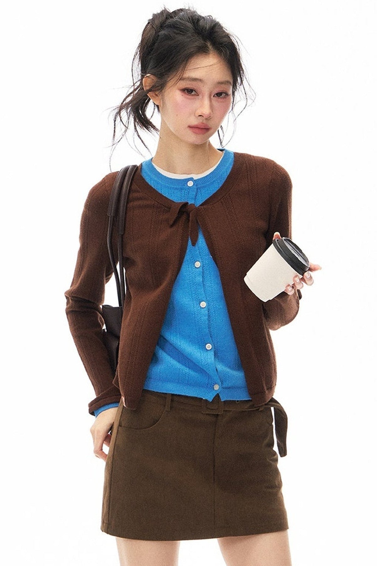 Braunes Lagenlook-Strickoberteil und Rock-Set