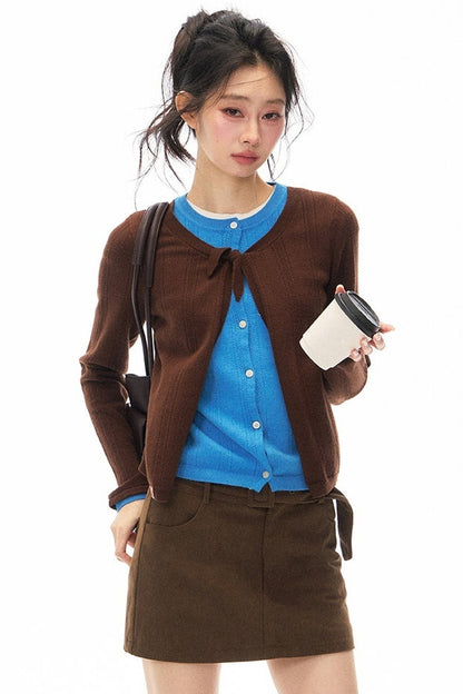 Braunes Lagenlook-Strickoberteil und Rock-Set