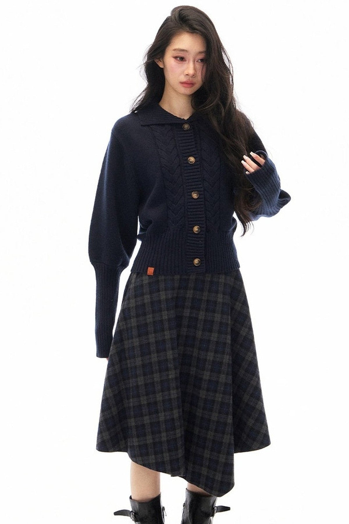 Navy Blue Plaid Jacket and Skirt Set-Up