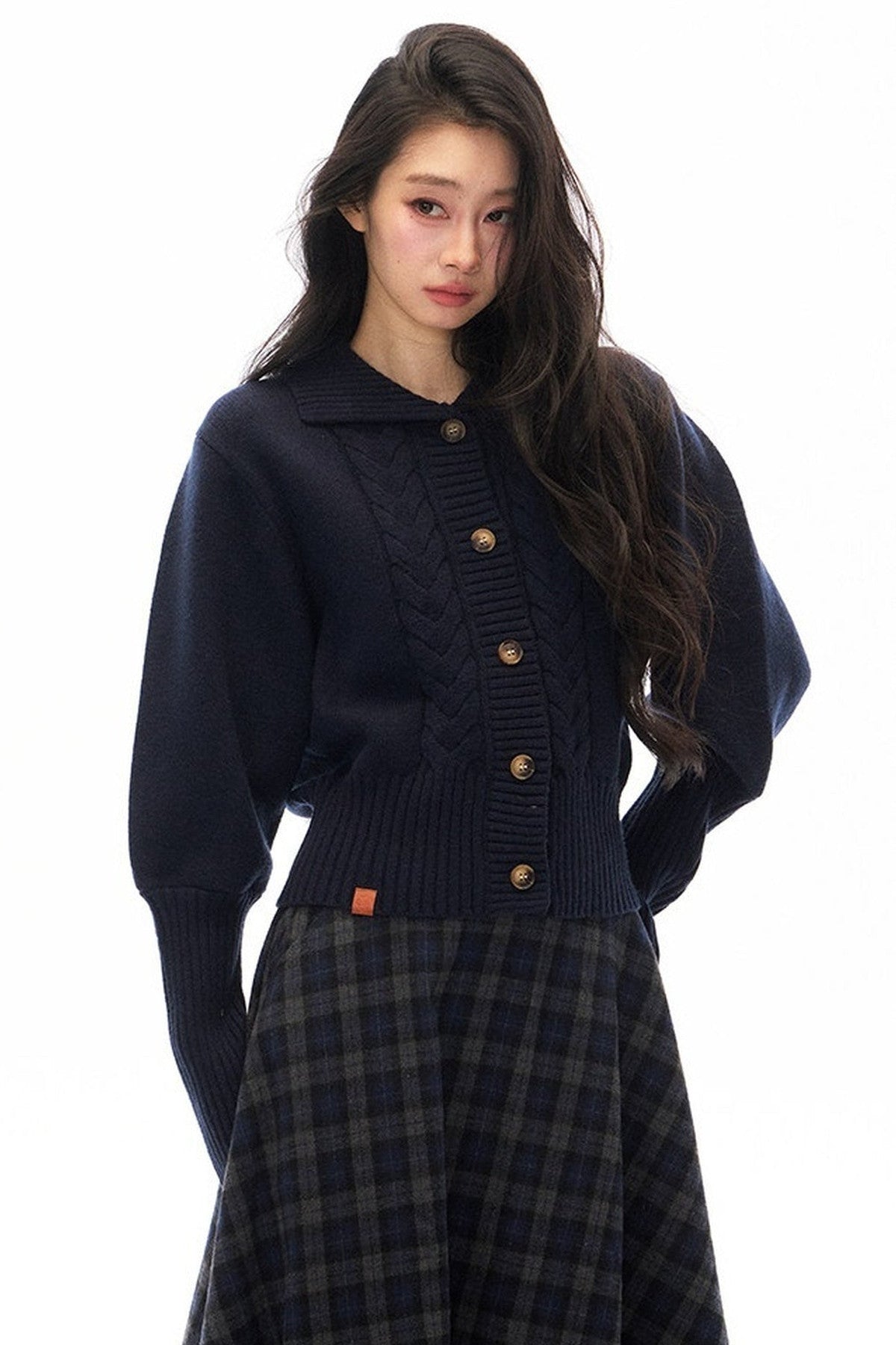 Navy Blue Plaid Jacket and Skirt Set-Up