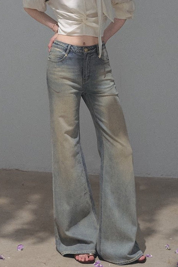 Salt-Washed Gradient Loose Wide-Leg Flared Jeans
