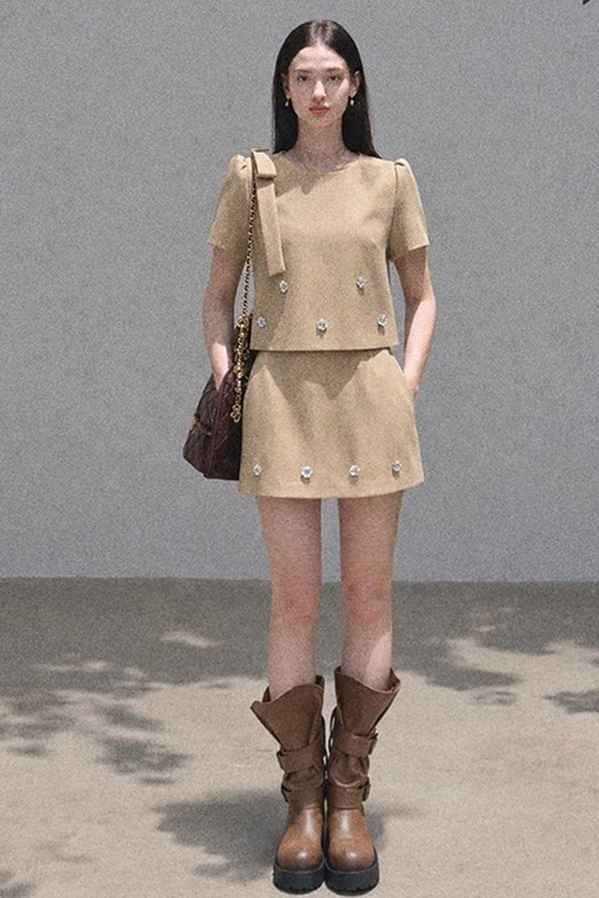 Short-Sleeved Ribbon Top and High-Waisted A-Line Skirt Set