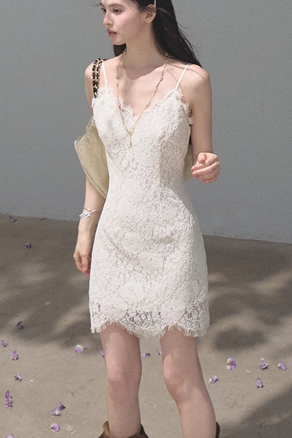White Lace V-Neck Camisole Dress