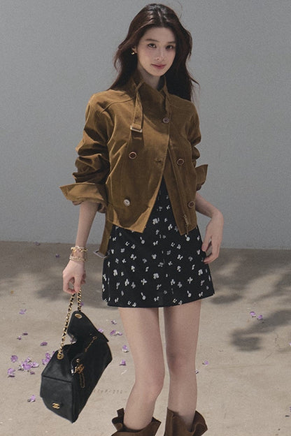 Short Suede Motorcycle Workwear Jacket