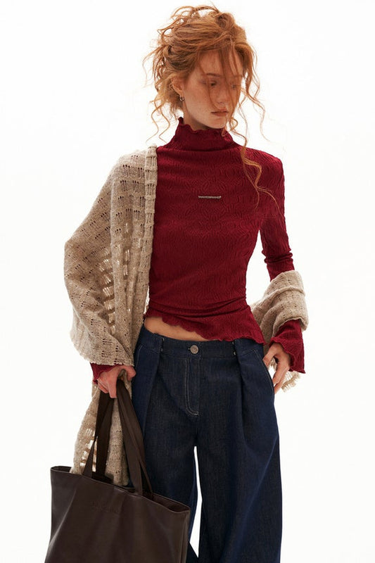 Textured Embossed High-Neck Long-Sleeve T-Shirt