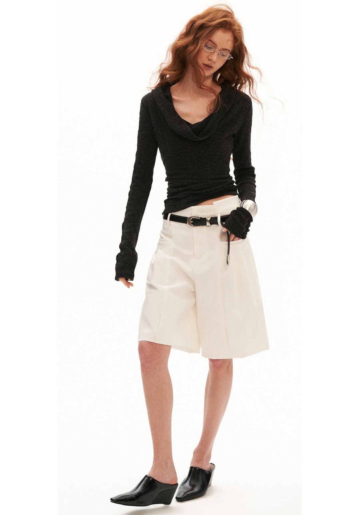 Off-Shoulder Long-Sleeve Cowl T-Shirt