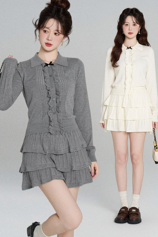 Miu-Style Knit Top and Tiered Skirt Set-Up