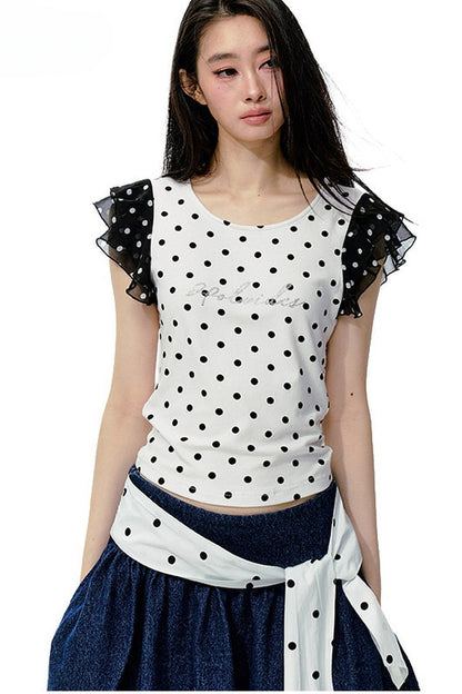 Polka Dot Flutter Sleeve Top Skirt Set-Up