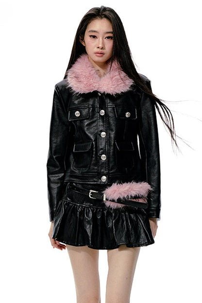 Detachable Fur Collar Leather Jacket and Ruched Leather Skirt Set