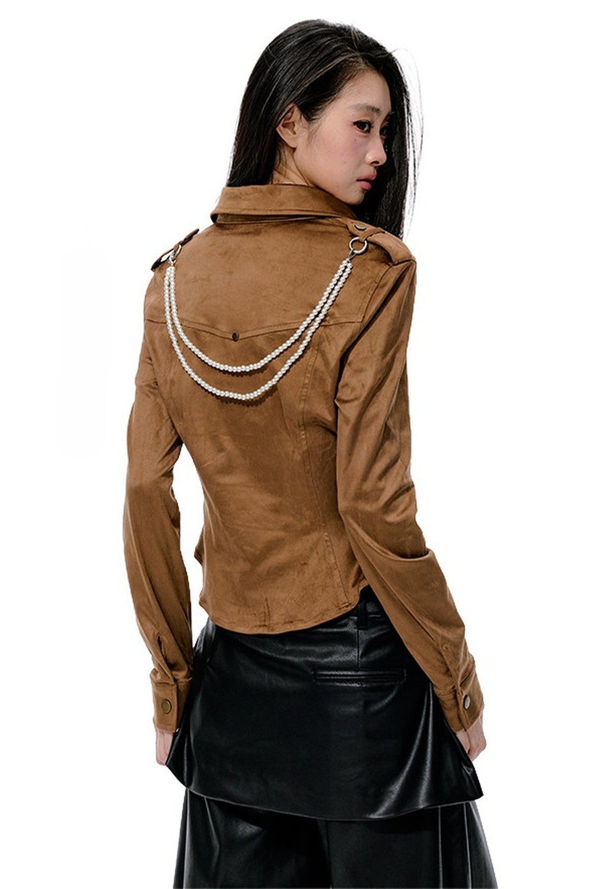 Detachable Beaded Chain Bronze Rivet Suede Shirt