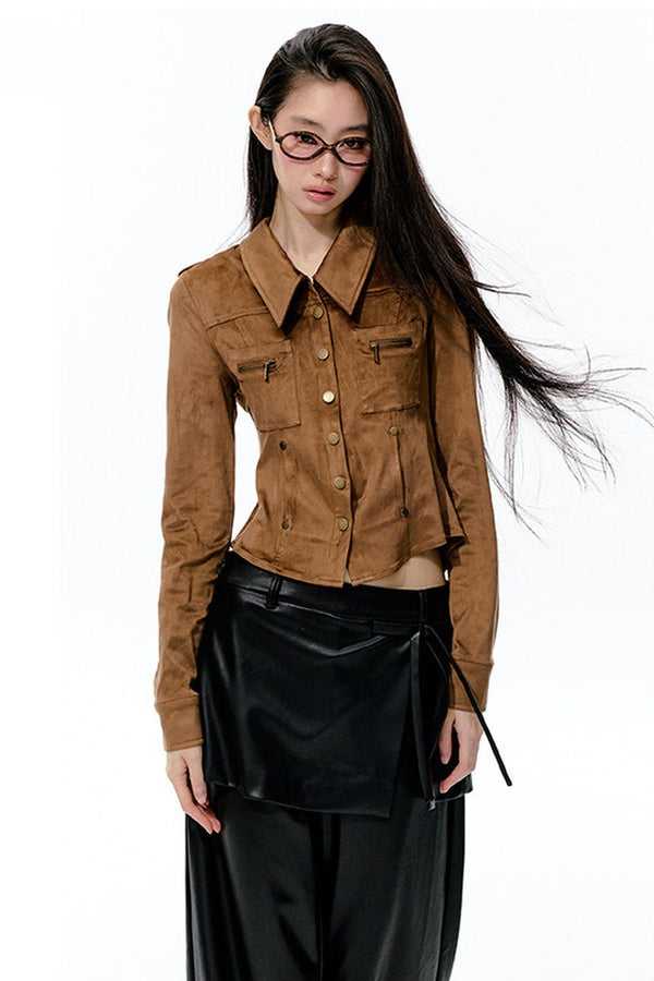 Detachable Beaded Chain Bronze Rivet Suede Shirt
