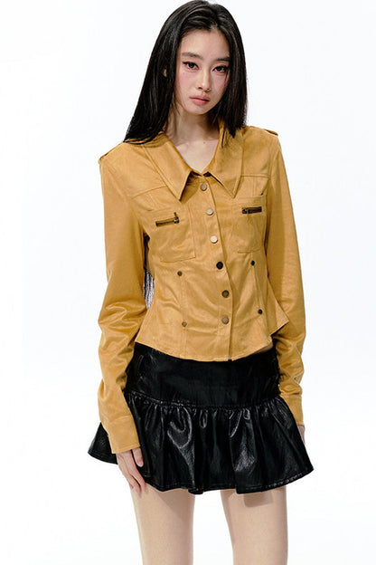 Detachable Beaded Chain Bronze Rivet Suede Shirt
