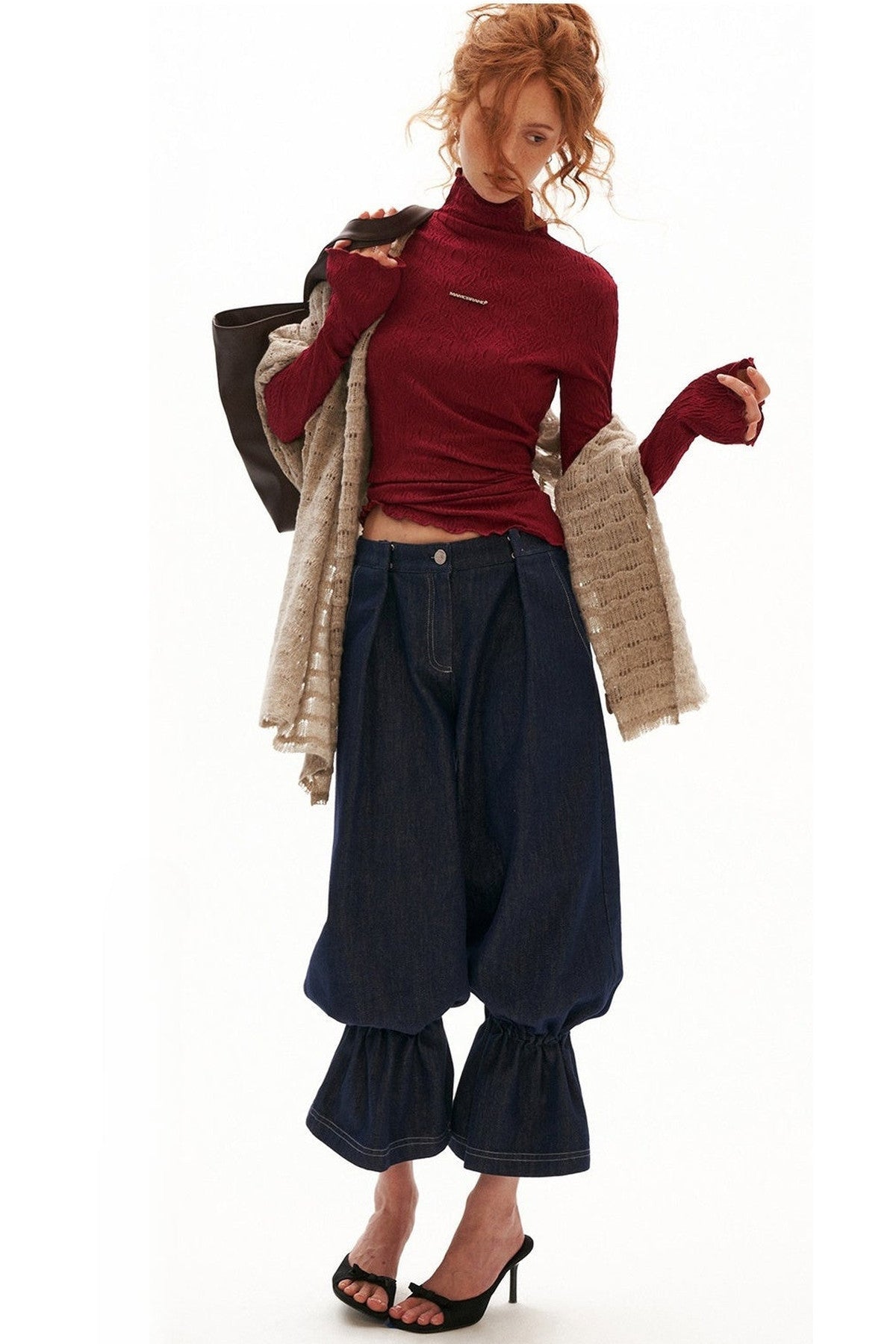 Textured Embossed High-Neck Long-Sleeve T-Shirt
