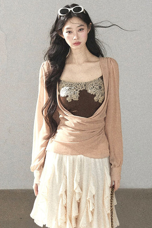 Semi-Sheer Ruffled Chiffon Blouse and Cami Set