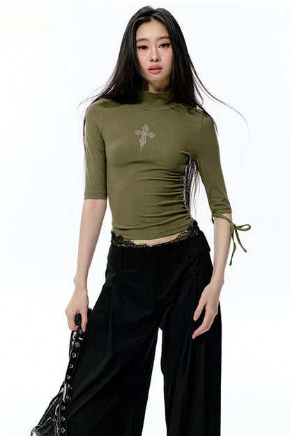 High-Neck Tie-Up Mid-Sleeve Slim-Fit Top