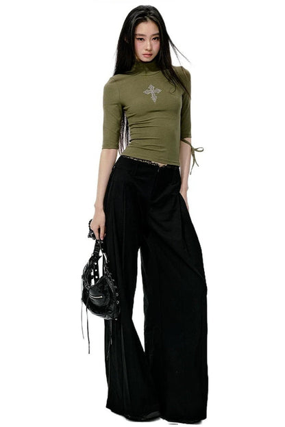 High-Neck Tie-Up Mid-Sleeve Slim-Fit Top