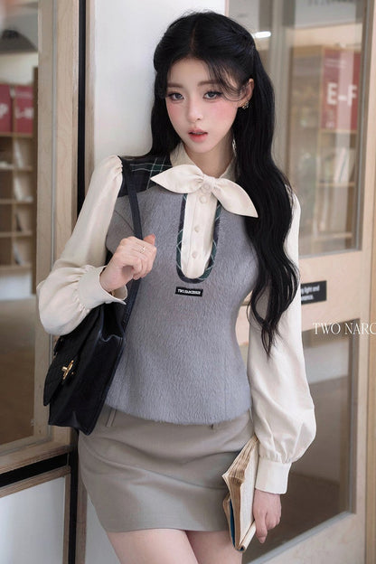 Patchwork Wool Blend Puff Sleeve Shirt