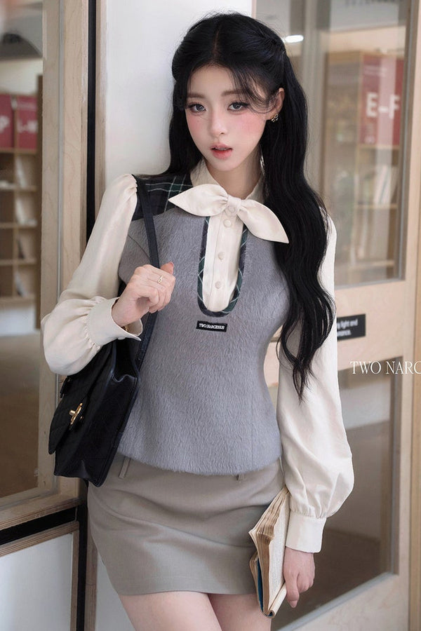 Patchwork Wool Blend Puff Sleeve Shirt