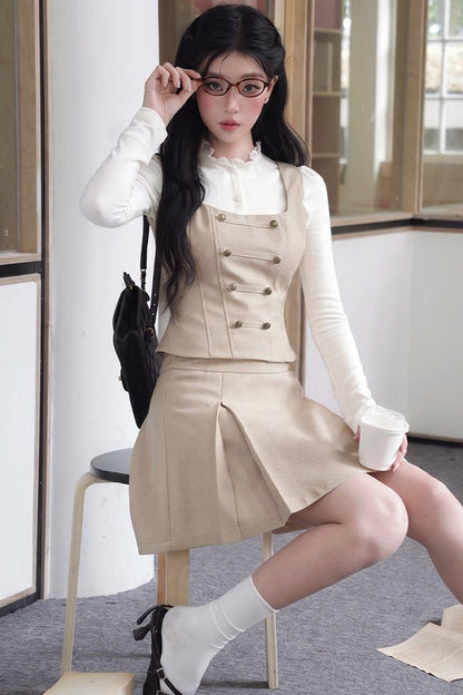 Korean Rich Girl Vest and Pleated Skirt Set-Up