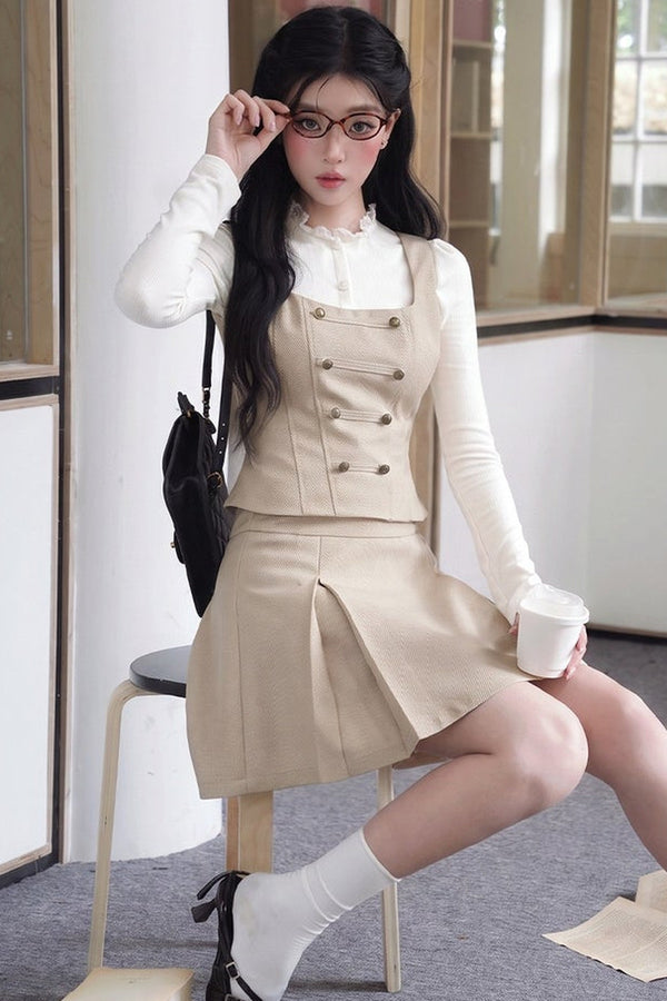 Korean Rich Girl Vest and Pleated Skirt Set-Up