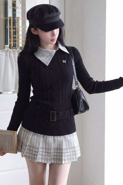 Lapel Long Sleeve Knit Sweater and Pleated Skirt Set-Up