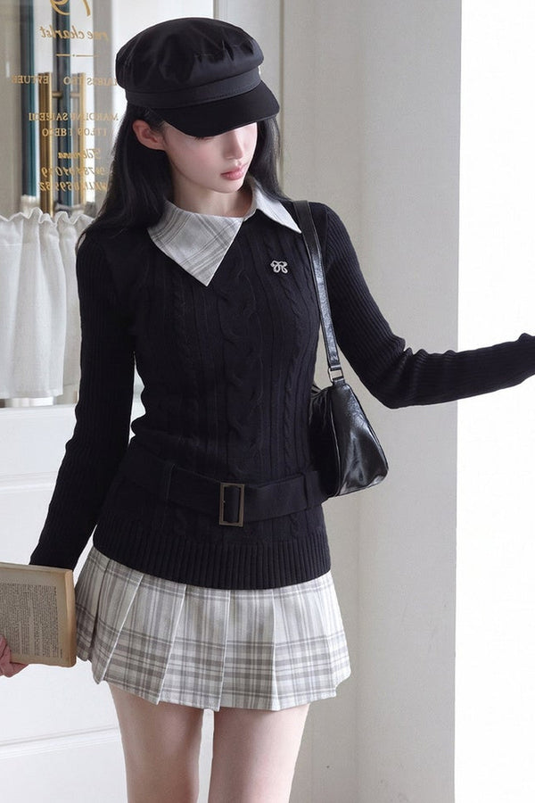 Lapel Long Sleeve Knit Sweater and Pleated Skirt Set-Up