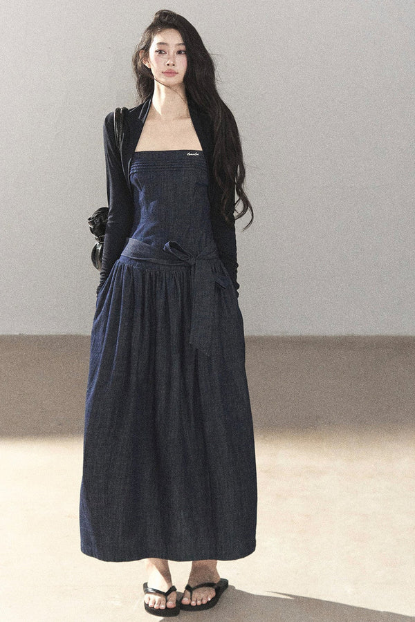Navy Blue Denim Dress and Shawl Set-Up
