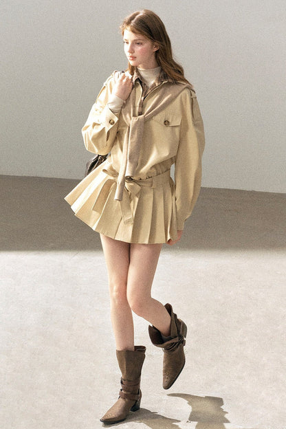 Plaid Collar Trench Coat With Pleated Skirt Set-Up