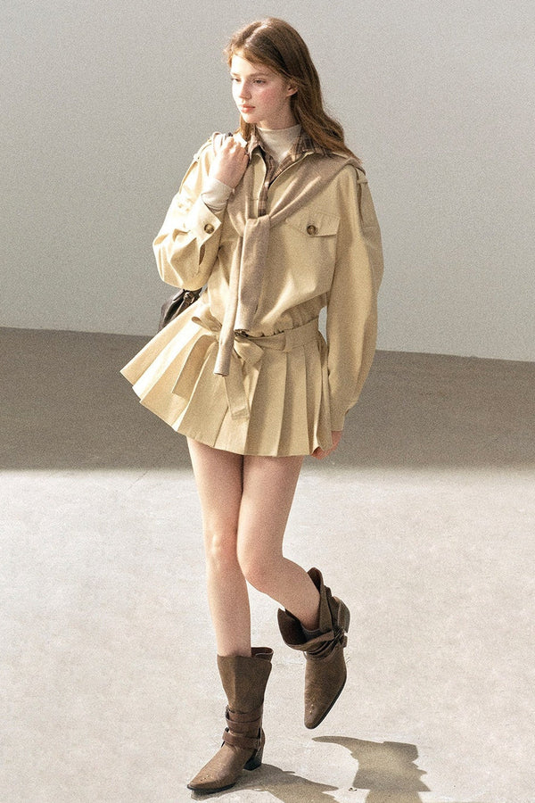 Plaid Collar Trench Coat With Pleated Skirt Set-Up