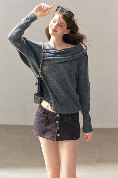 Korean-Style Long-Sleeve Shawl-Style Knitted Sweater