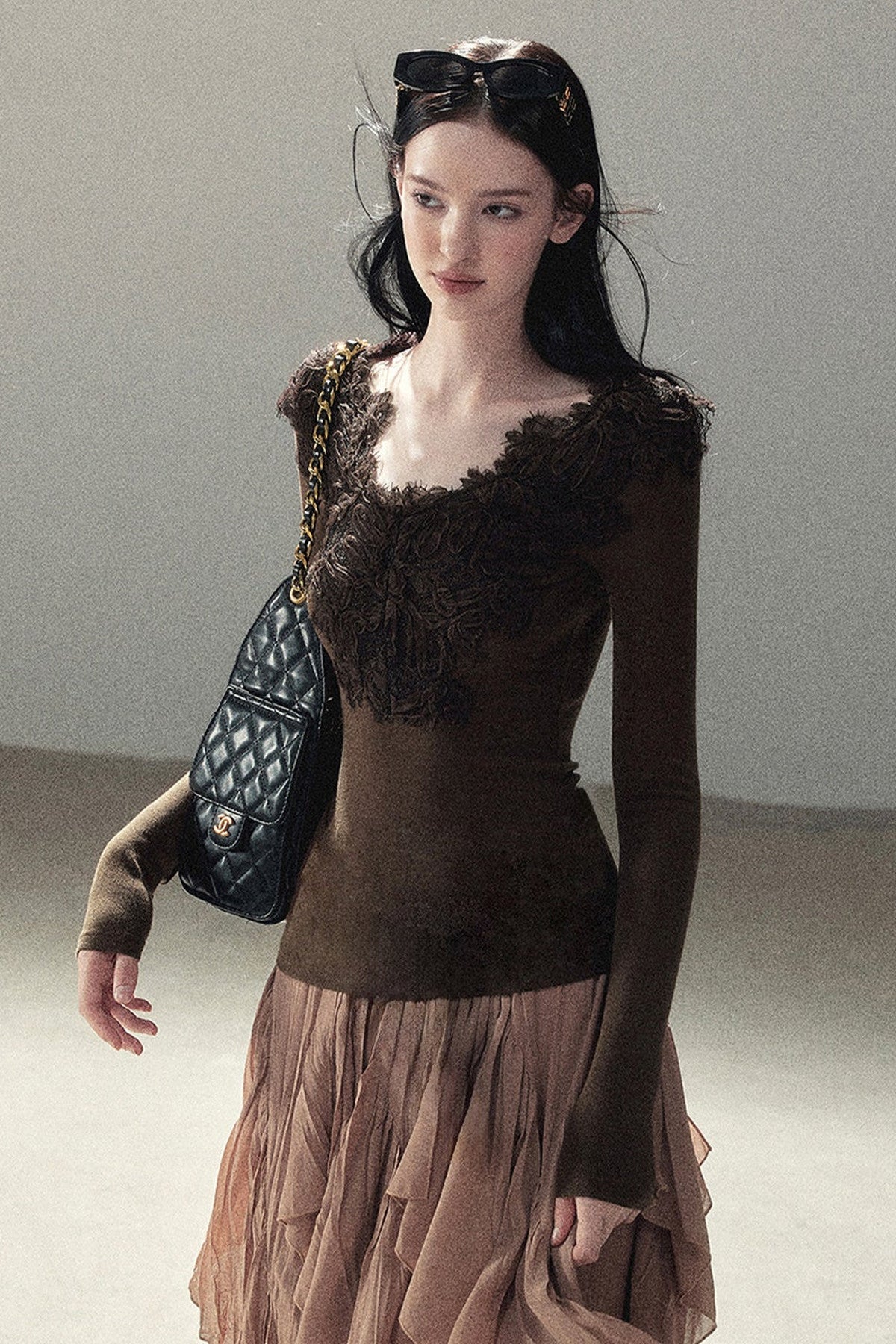 Long Sleeve V-Neck Lace T-Shirt