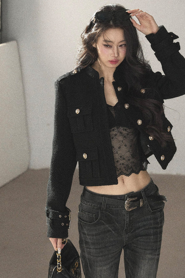 Deep Black Wilderness Chanel Style Multi-Pocket Jacket and Top Set
