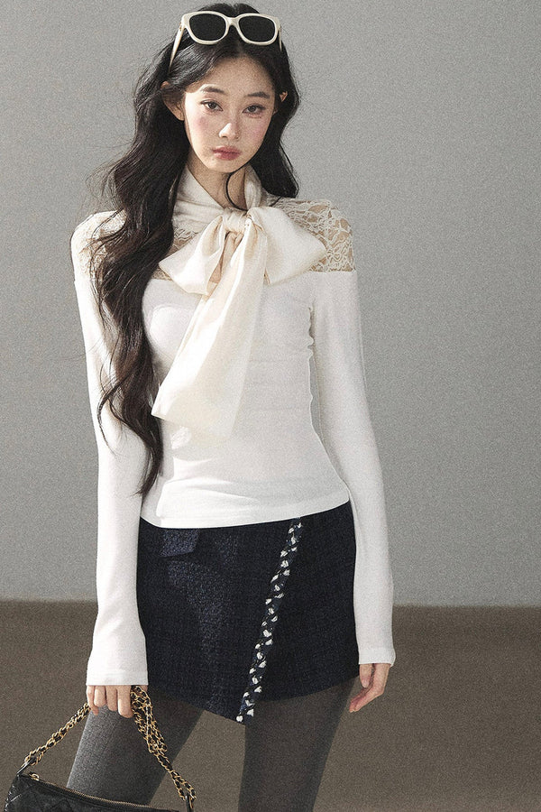 Bow Lace Hollow-Out Long-Sleeve T-Shirt Top