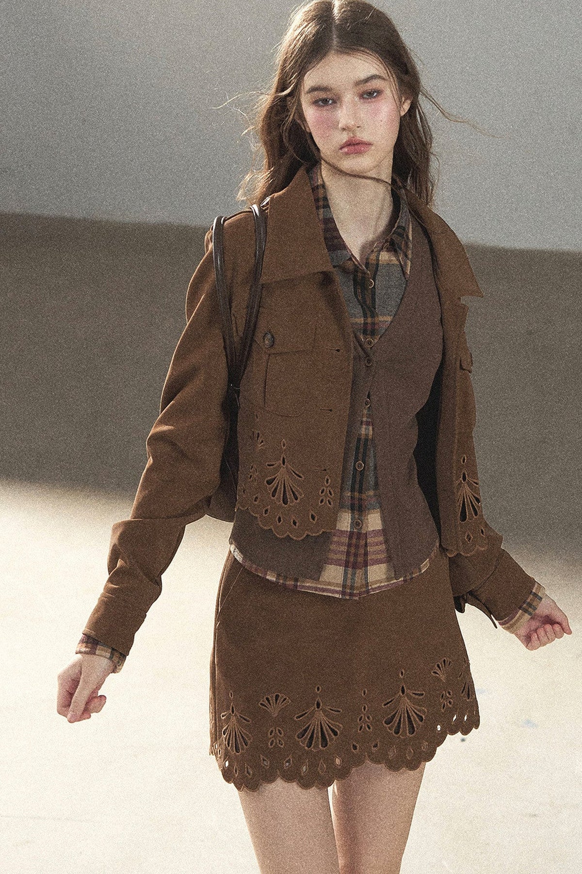Palmblatt-Cut-out-Rock mit Oberteil und Jacke im Set