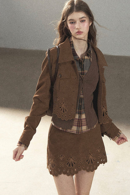 Palmblatt-Cut-out-Rock mit Oberteil und Jacke im Set
