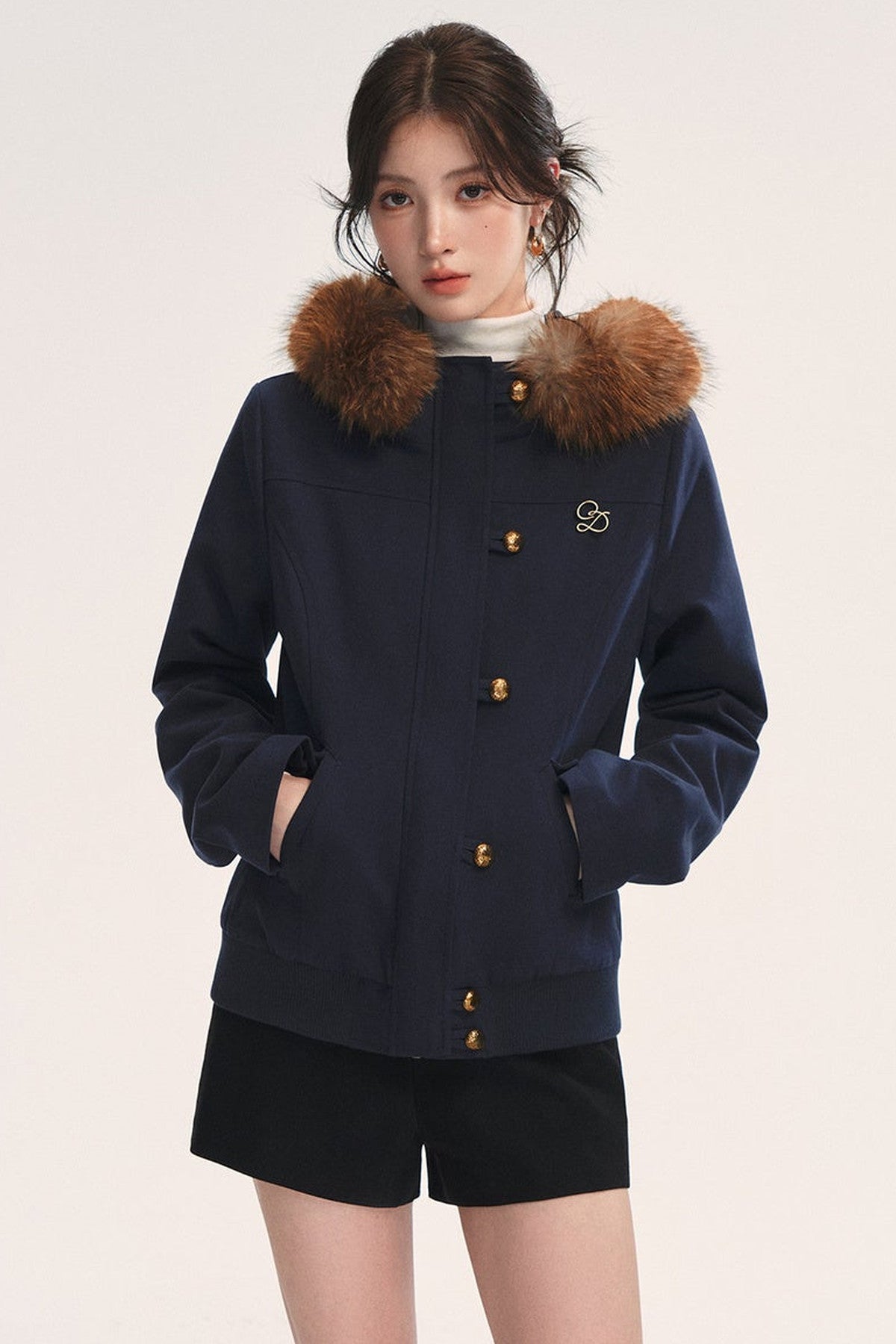 Large Fur Collar Hooded Wool Jacket