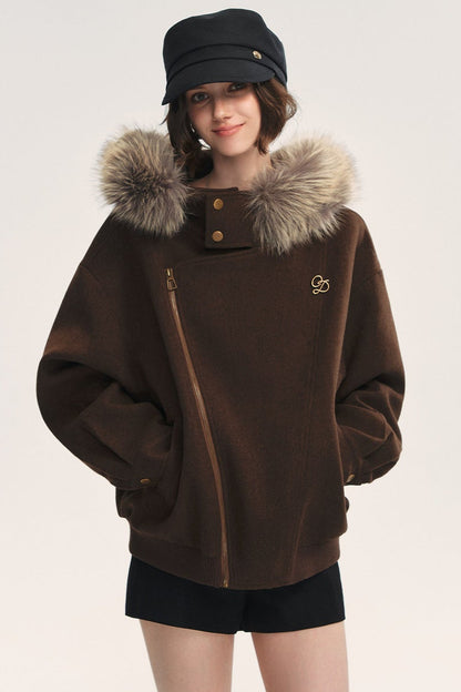 Asymmetrical Zipper Fur Collar Hooded Coat