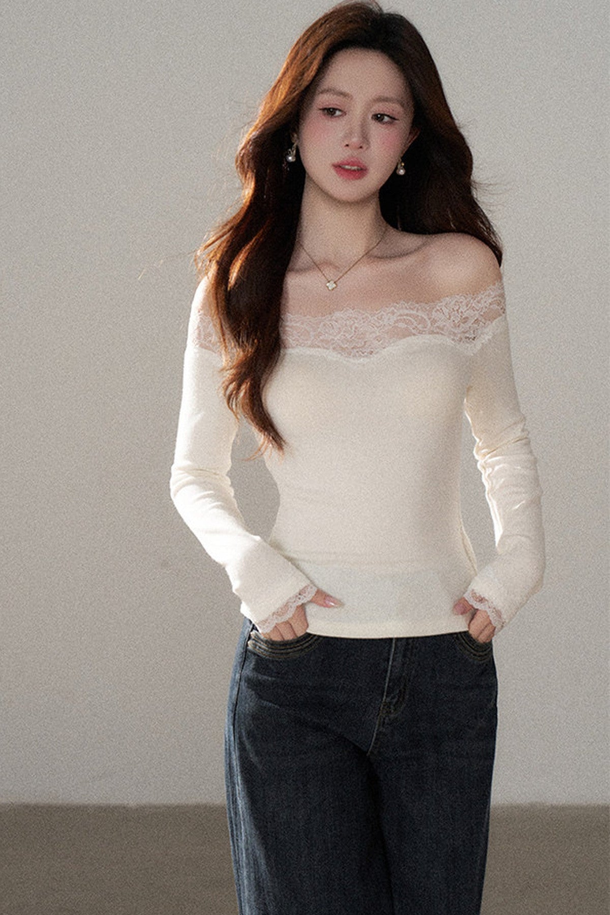 One-Shoulder Lace Knit Top and Jeans Set-Up