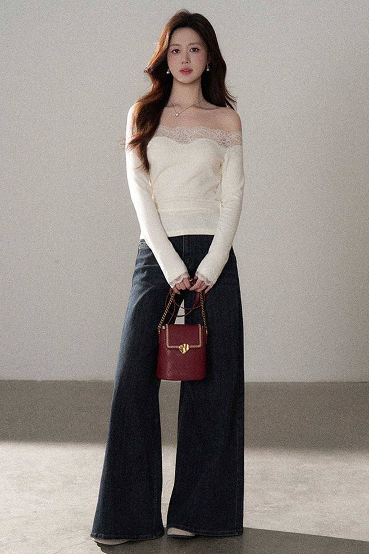 One-Shoulder Lace Knit Top and Jeans Set-Up