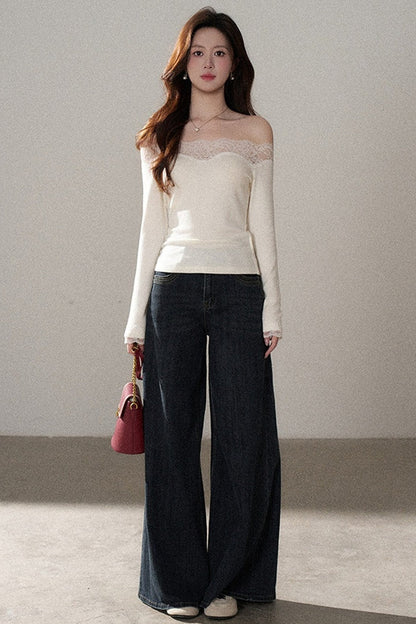One-Shoulder Lace Knit Top and Jeans Set-Up
