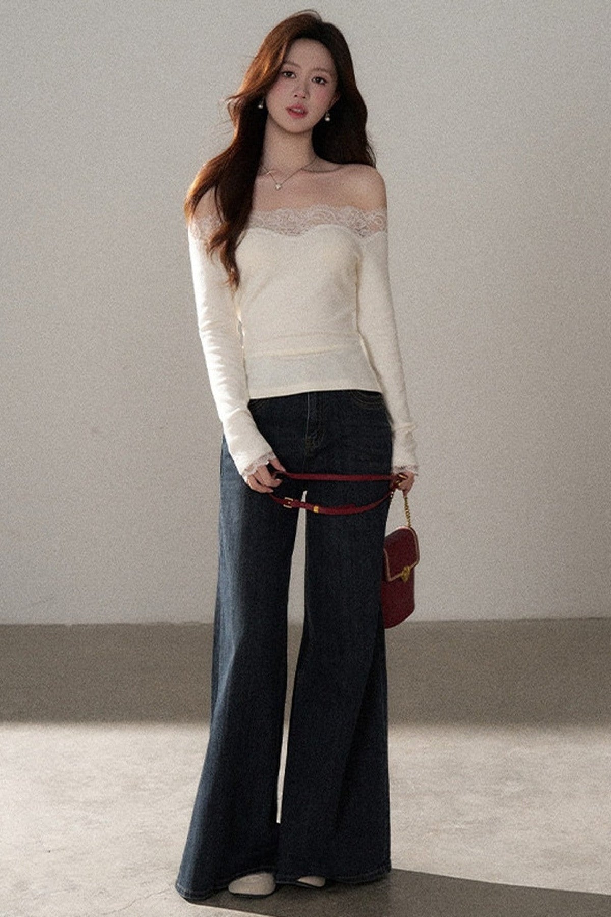One-Shoulder Lace Knit Top and Jeans Set-Up
