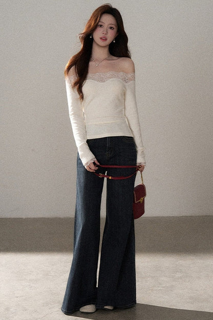 One-Shoulder Lace Knit Top and Jeans Set-Up