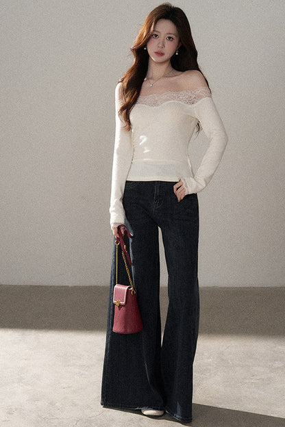 One-Shoulder Lace Knit Top and Jeans Set-Up