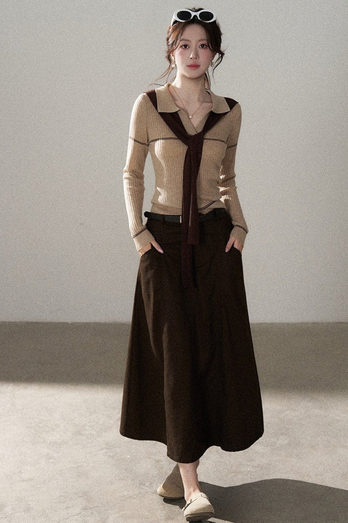 Pullover Shawl Knit Top and Skirt Set-Up