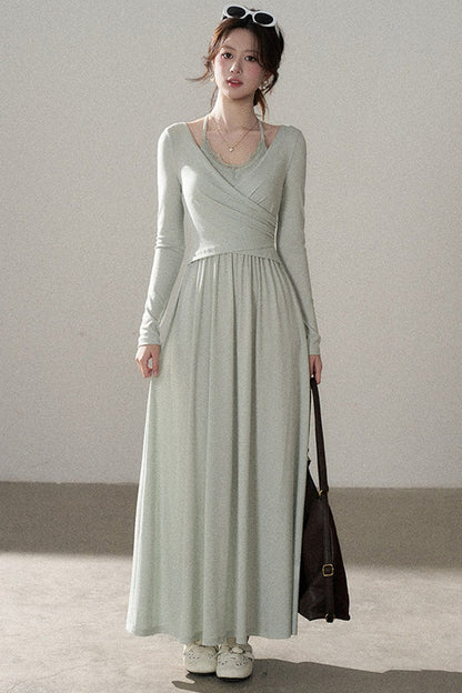 Long Sleeve V-Neck Lace Knit Dress