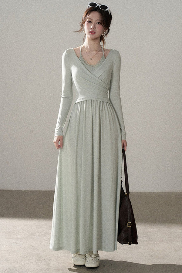Long Sleeve V-Neck Lace Knit Dress